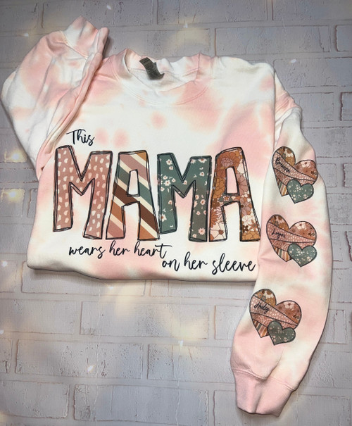 Personalized This Mama Wears Her Heart on Her Sleeve with Boho Hearts Sweatshirt 