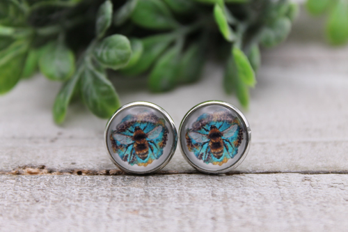 Bee on Turq || 12mm Glass Stud Earrings