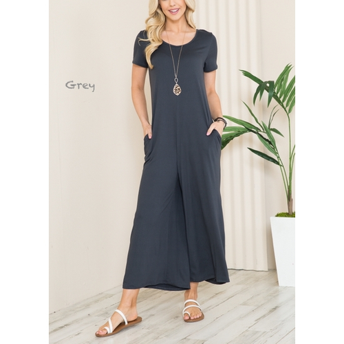 Solid Short Sleeve V Neck Jumpsuit with Low Back