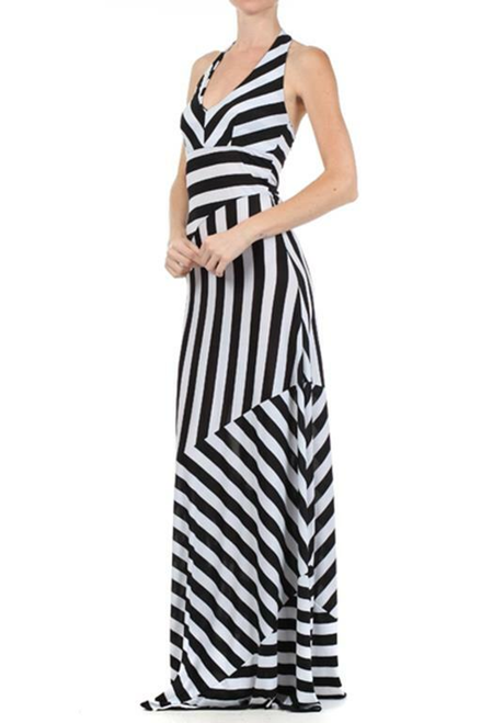 Stripe Full-Length Halter Dress