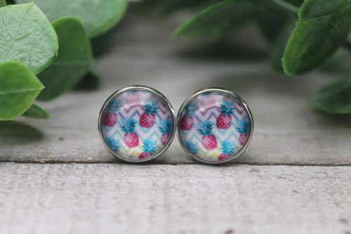 Pineapples on Chevron  Glass Stud Earrings