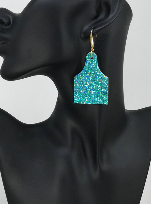 Genuine Glitter on Leather Cow Tag Earrings 