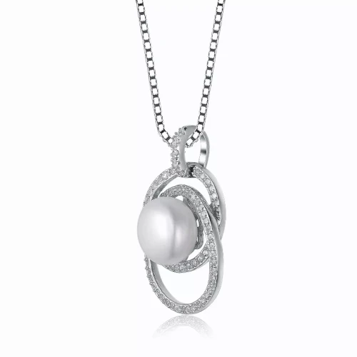 Collette Z Sterling Silver Cubic Zirconia Circle Swirl Pearl Necklace