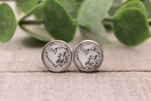 Damask Heart & Paw Print  Glass Stud Earrings