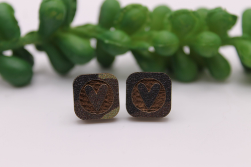 Camo Square Hearts || Wood Stud Earrings