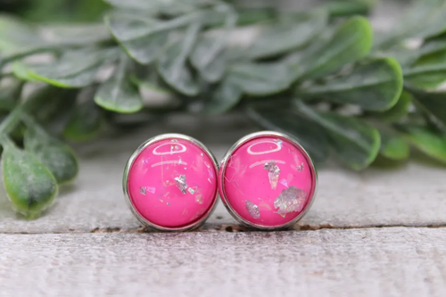 Pink Flake | 12mm Dome Stud Earrings | Hypoallergenic