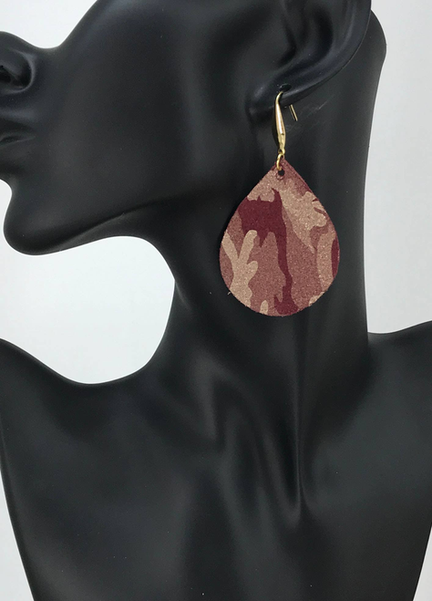 Burgundy Metallic Camo Leather Earrings 