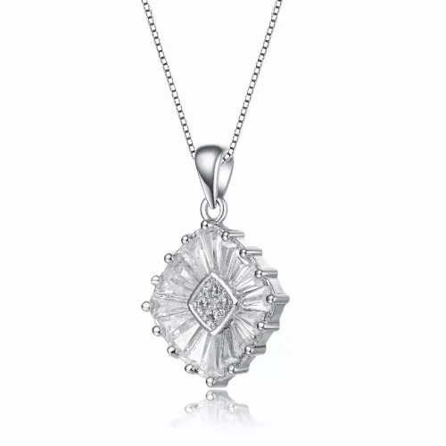 Collette Z Rhodium Plated Baguette Cubic Zirconia Square Pendant Necklace