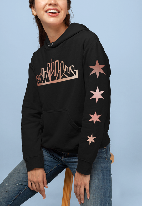 Chicago Skyline Hoodie with Outline & Matching Stars on Sleeve