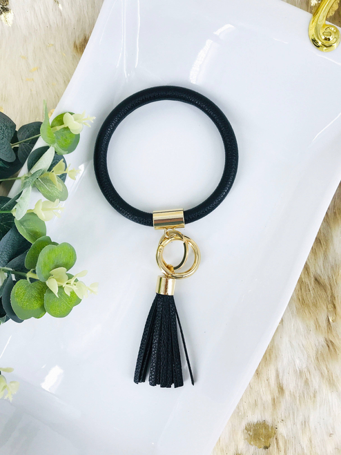 Faux Leather Tassel Bangle Keychain with Gold Ring