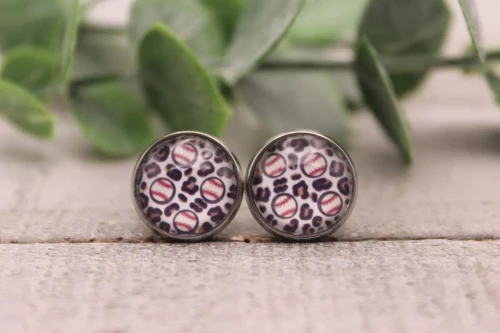Baseballs & Leopard  Glass Stud Earrings