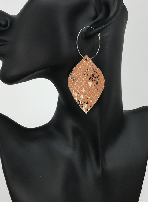 Burnt  Snake Skin Leather Hoop Earrings 