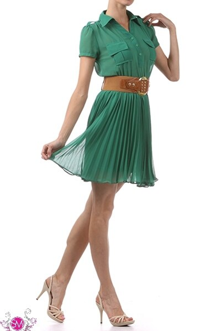Green Button Down Dress with Pleated Skirt