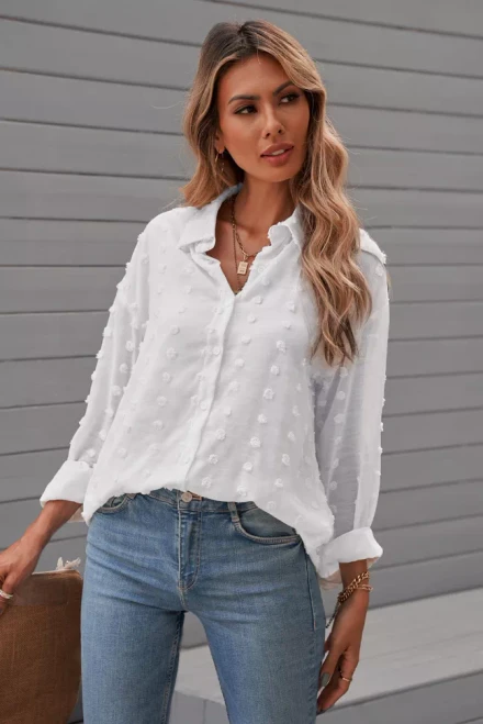 Chiffon Keyhole Fuzzy Polka Dot Shirt