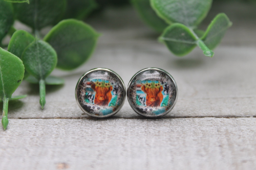 Highland Cow with Sunflower Crown  Glass Stud Earrings