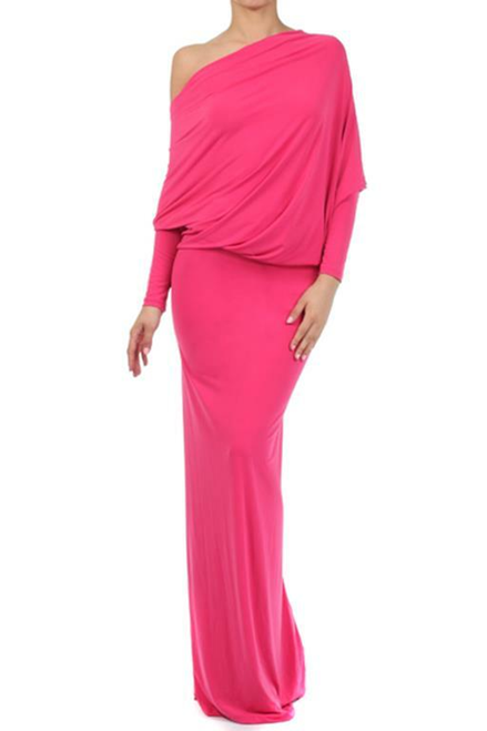 Off Shoulder Dolman Sleeves Reversible Dress Fuchsia