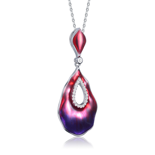 Collette Z Sterling Silver with Rhodium Plated Clear Round Cubic Zirconia Red-Purple Swirl Enamel Glass Curvy Pear Necklace
