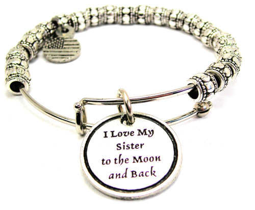 I Love My Sister To The Moon And Back Metal Beaded Bangle Bracelet