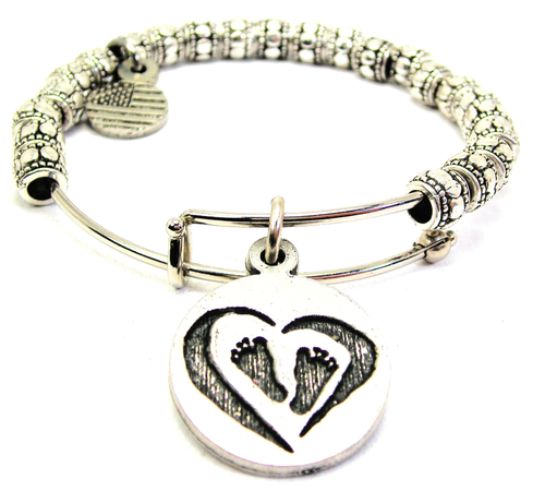 Baby Footprints Metal Beaded Bangle Bracelet