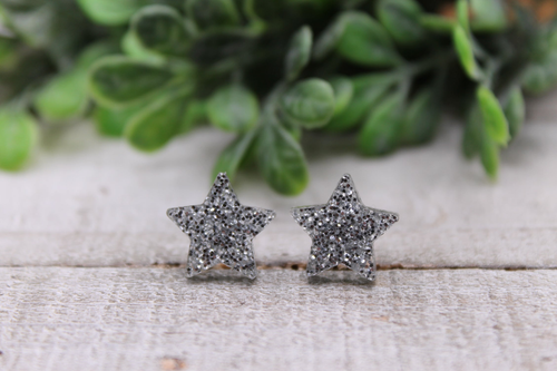 Silver Glitter Stars || 12mm Stud Earrings