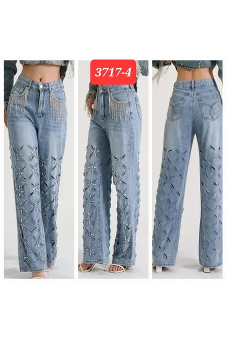 Crystal Pits Fringe Denim Long Pants