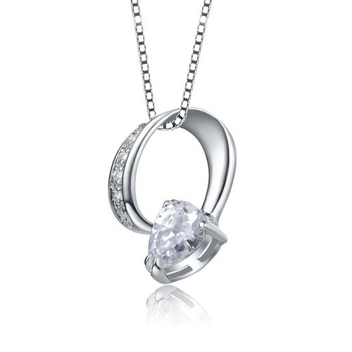 Collette Z Sterling Silver with Rhodium Plated Clear Pear Solitaire with Round Cubic Zirconia Accent Drop Necklace