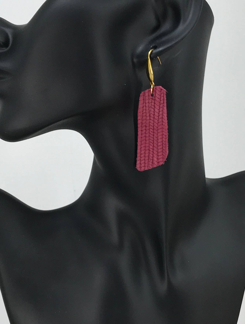Genuine Leather Raspberry Palm Leaf Dangle Earrings