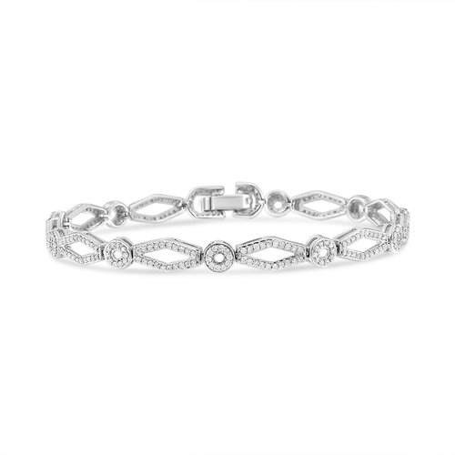 .925 Sterling Silver 1 1/2 Cttw Diamond Studded Alternating Circle and Kite-Shaped Vintage-Style Link Bracelet (I-J Color, I2-I3 Clarity) 7 Inch