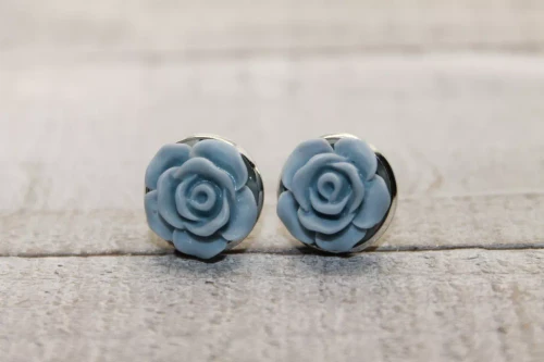 Blue-Gray Rosette Stud Earrings