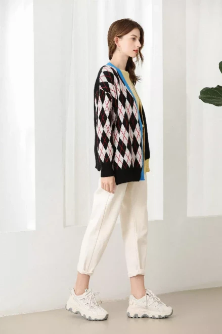 Fangyan | Argyle Splicing Cardigan