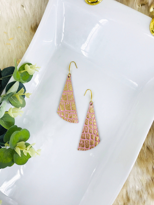 Gold and Pink Crocodile Leather Earrings 