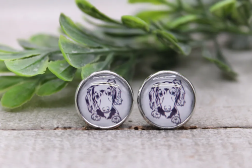 Dachshund Black & White || Glass Stud Earrings || Hypoallergenic