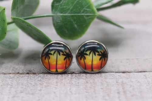 Sunset Palm Trees Glass  Stud Earrings