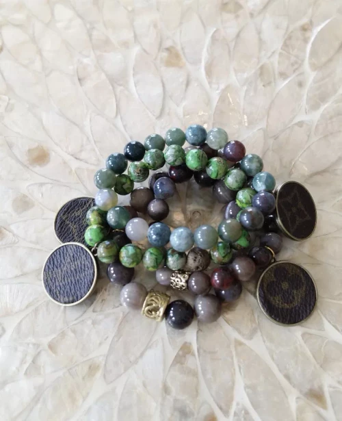 LV Again -Green Jasper Stretch Bracelet With Metallic Bronze Lava Bead