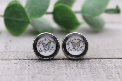 Anti-Social Butterfly | Glass Stud Earrings | Hypoallergenic