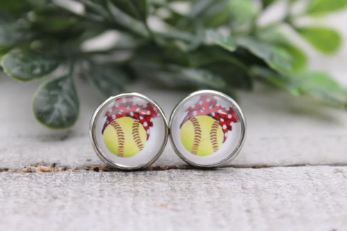 Softball with Polka Dot Headband Stud Earrings