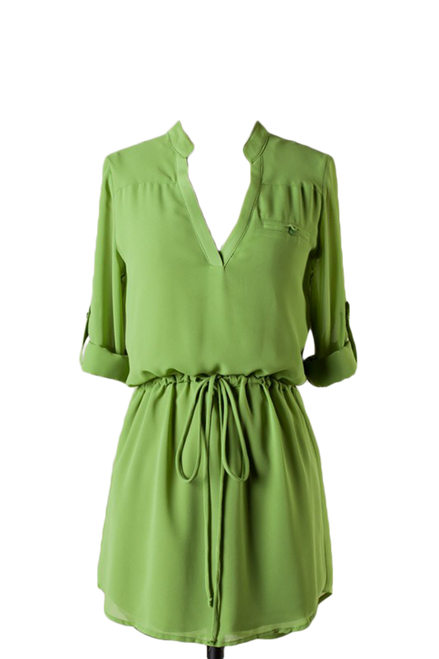Quarter Sleeves V-cut dress with banded waist Green
