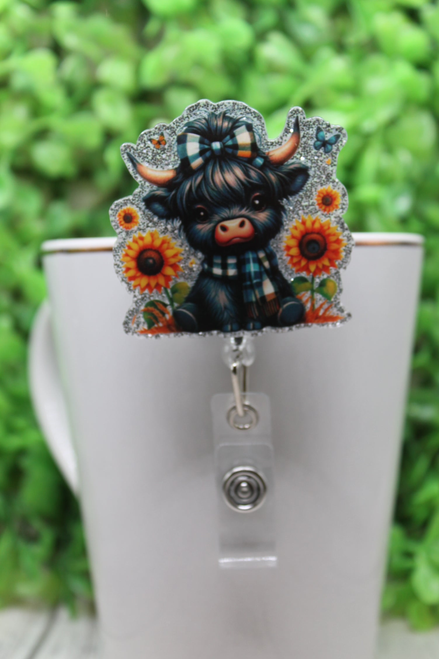 Cute Cow with Sunflowers Badge/ID Holder Reel