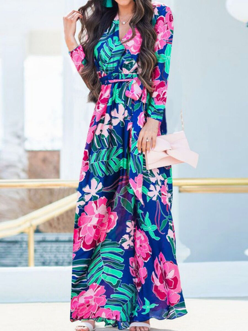 SURPLICE NECK BELTED FLORAL MAXI DRESS