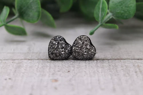 Gunmetal Heart  Druzy Stud Earrings