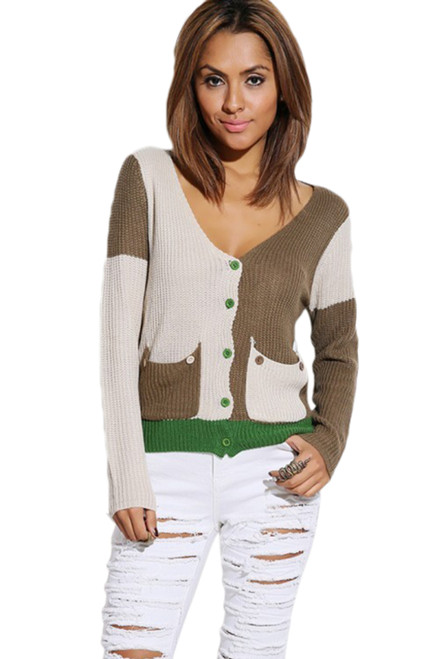 Mocha/Kelly Green Color Block Sweater Knit Cardigan