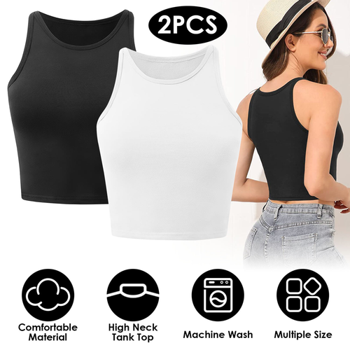 Women Sleeveless Cropped Tank Top High Neck Crop Racer 