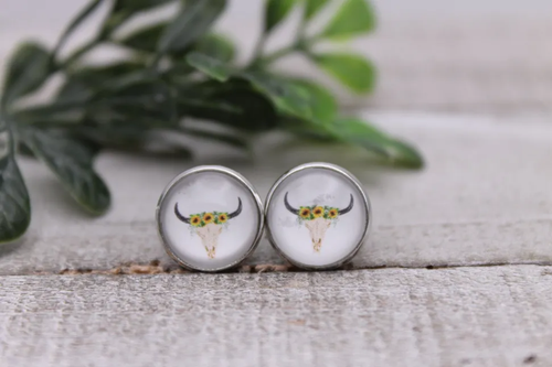 Sunflowers Steer Skull || 12mm Glass Stud Earrings 