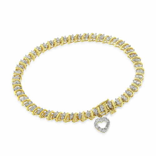 Yellow Gold-Plated Sterling Silver 2carat Total Diamond Weight Diamond Heart Charm Bracelet