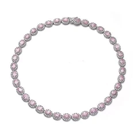Collette Z C.Z. Sterling Silver Rhodium Plated Pink Oval Shape Necklace
