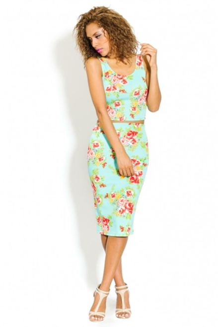 Floral Print Midi Skirt and Top Set Green