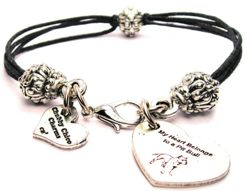 My Heart Belongs To A Pit Bull Pewter Beaded Black Cord Bracelet