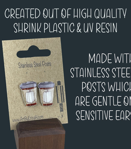 Dark Plaid - Pumpkin Spice Handmade Shrink Plastic Earrings - Stainless Steel Studs