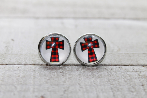 Plaid Cross Glass Stud Earrings