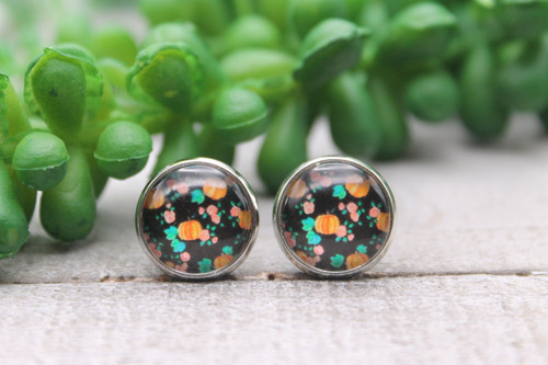 Pumpkins on Black || Glass Stud Earrings || Hypoallergenic